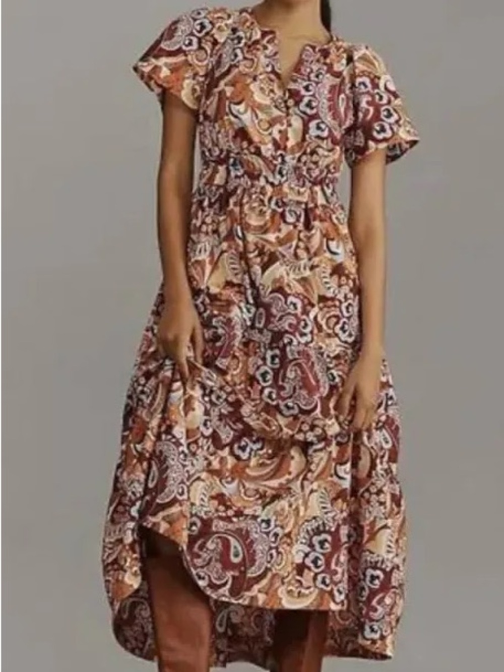NEW Anthropologie Paisley High-Low Dress in Rust and Cream